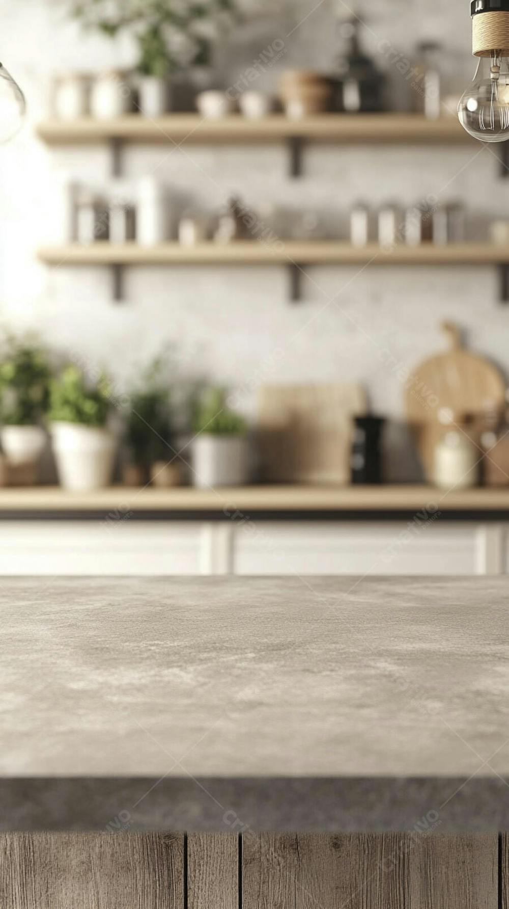 Mesa de Madeira Rústica em Cozinha Iluminada com Utensílios e Copy Space