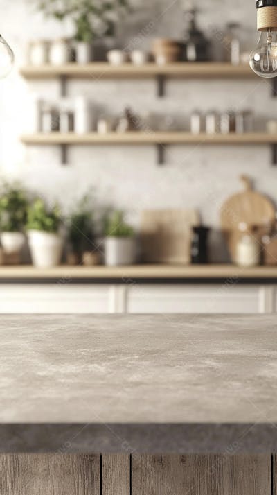 Mesa de Madeira Rústica em Cozinha Iluminada com Utensílios e Copy Space