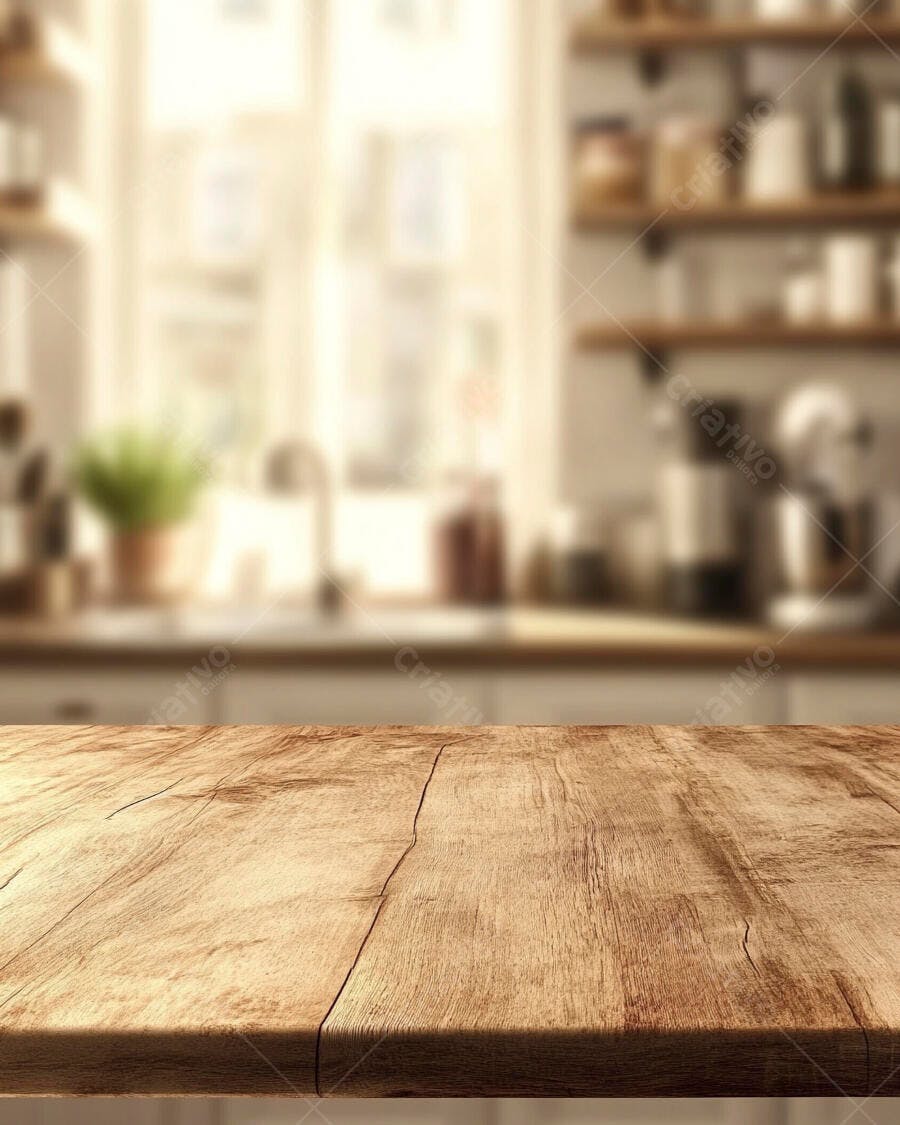 Mesa de madeira em cozinha clara