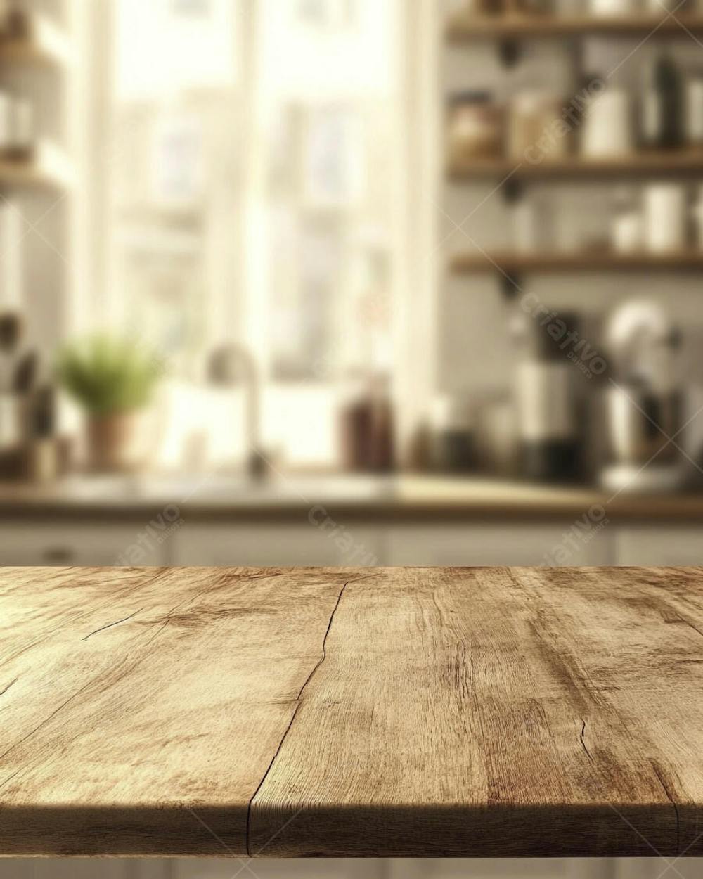 Mesa de Madeira Rústica em Cozinha Iluminada com Utensílios e Copy Space