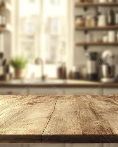 Mesa de Madeira Rústica em Cozinha Iluminada com Utensílios e Copy Space
