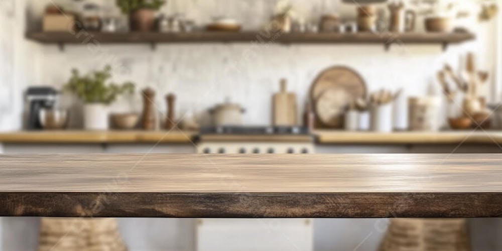 Mesa de Madeira Rústica em Cozinha Iluminada com Utensílios e Copy Space