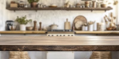 Mesa de Madeira Rústica em Cozinha Iluminada com Utensílios e Copy Space