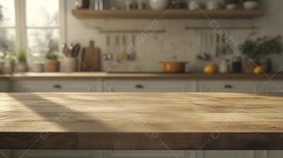 Mesa de Madeira Rústica em Cozinha Iluminada com Utensílios e Copy Space