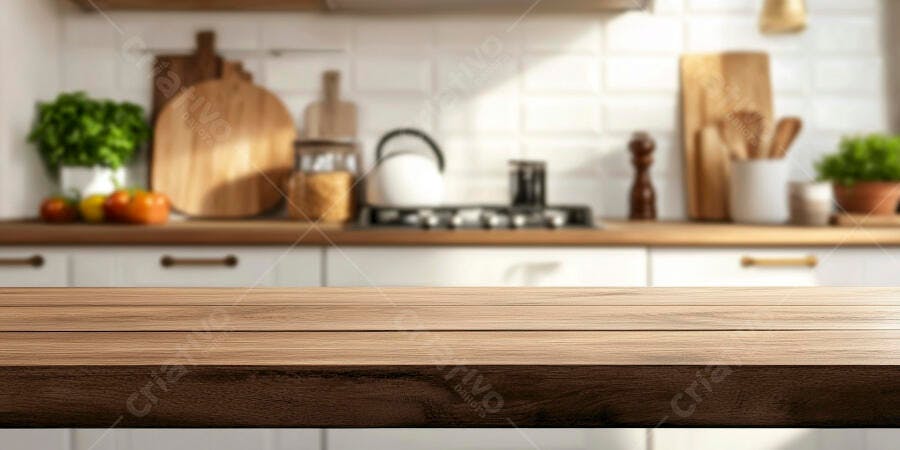 Mesa de madeira em cozinha moderna
