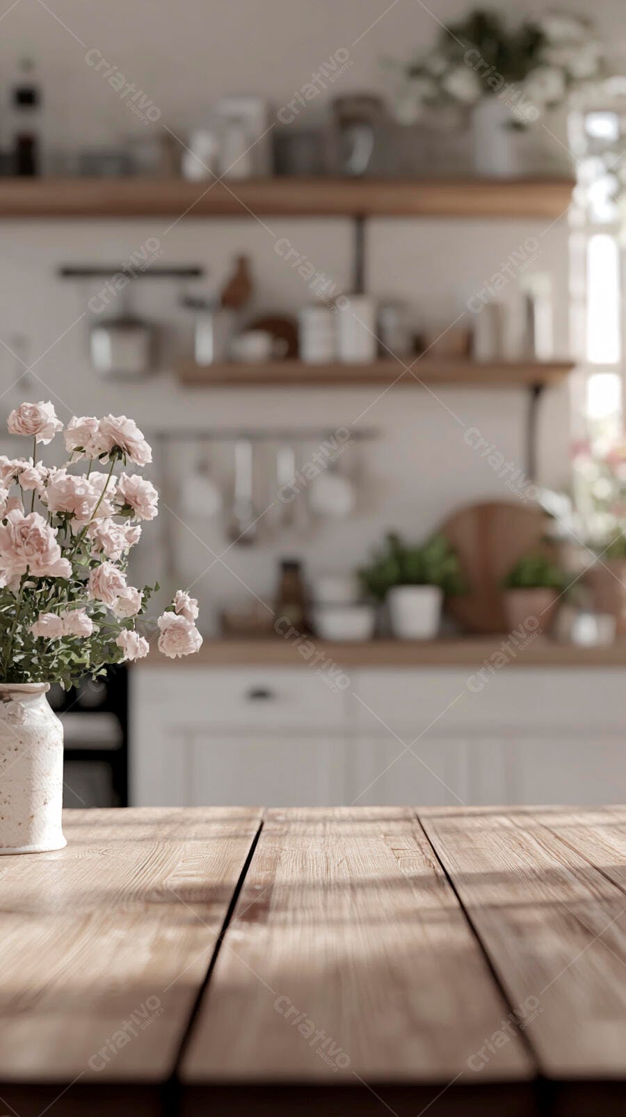 Flores rosa em vaso na mesa de cozinha