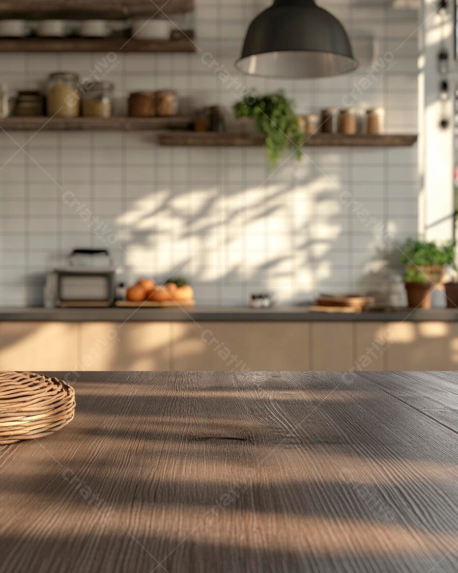 Mesa de madeira em cozinha rústica iluminada