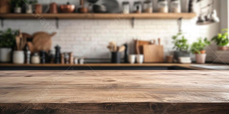 Mesa de madeira em cozinha rústica