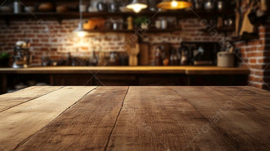Mesa de madeira rústica em cozinha vintage