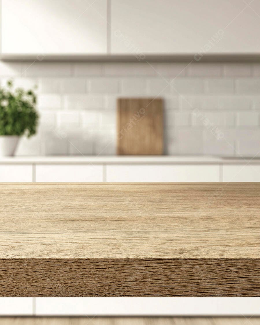 Mesa de madeira em cozinha moderna