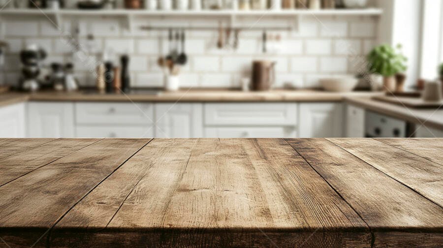 Mesa de madeira rústica em cozinha clara