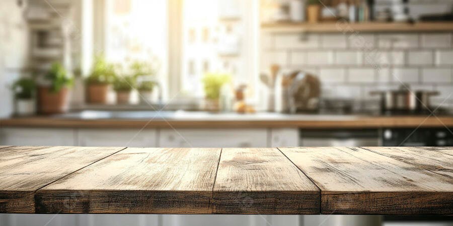 Mesa de madeira rústica em cozinha clara