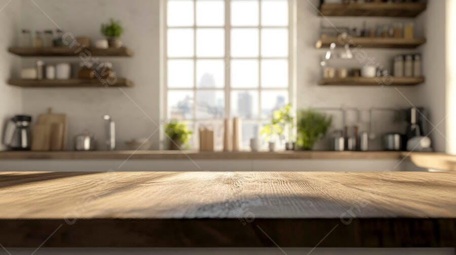 Mesa de madeira em cozinha moderna com vista para cidade