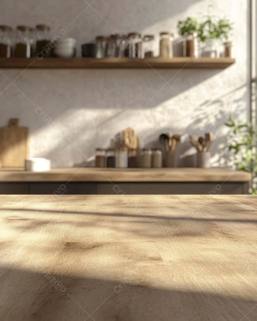 Mesa de madeira em cozinha iluminada pelo sol