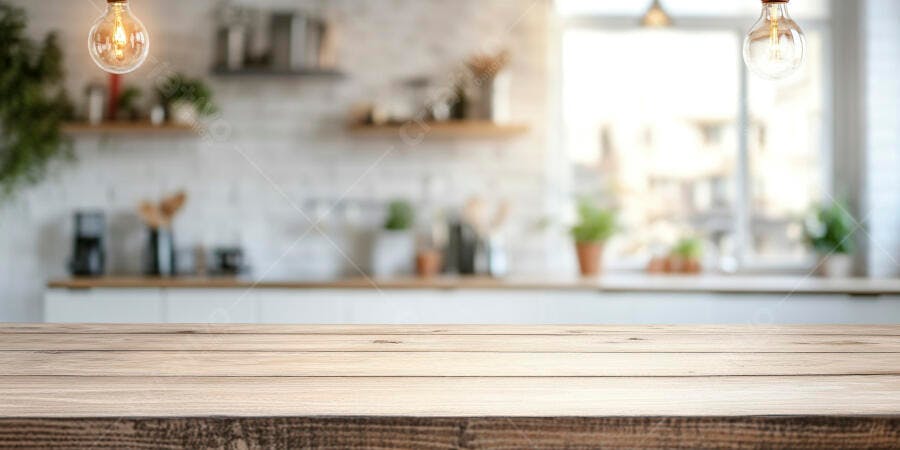 Mesa de madeira em cozinha moderna