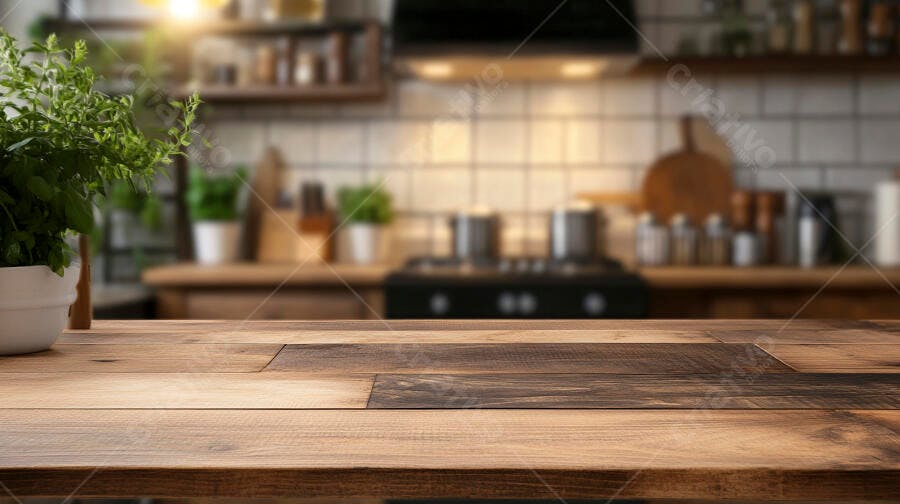 Mesa de madeira em cozinha rústica