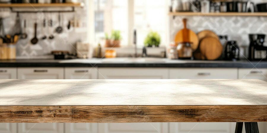 Mesa de madeira em cozinha moderna