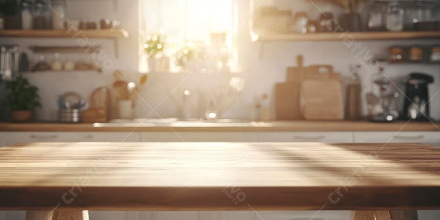 Mesa de madeira em cozinha iluminada