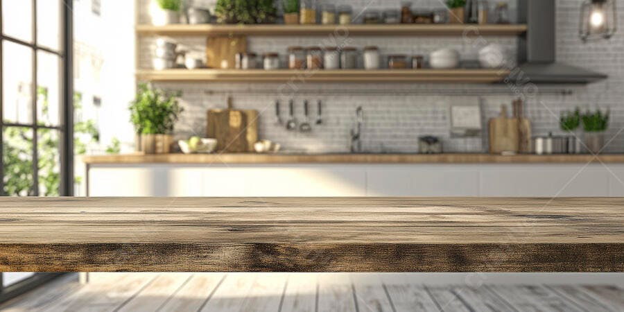 Mesa de madeira em cozinha moderna