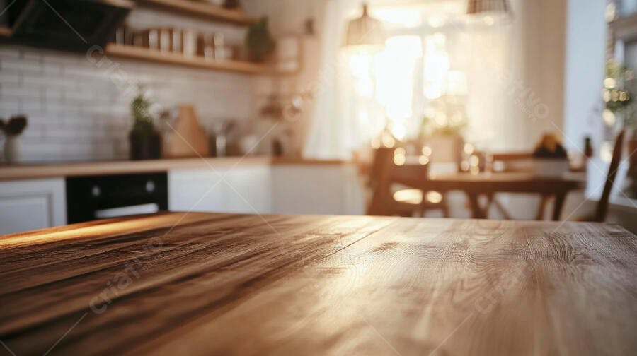 Mesa de madeira em cozinha iluminada
