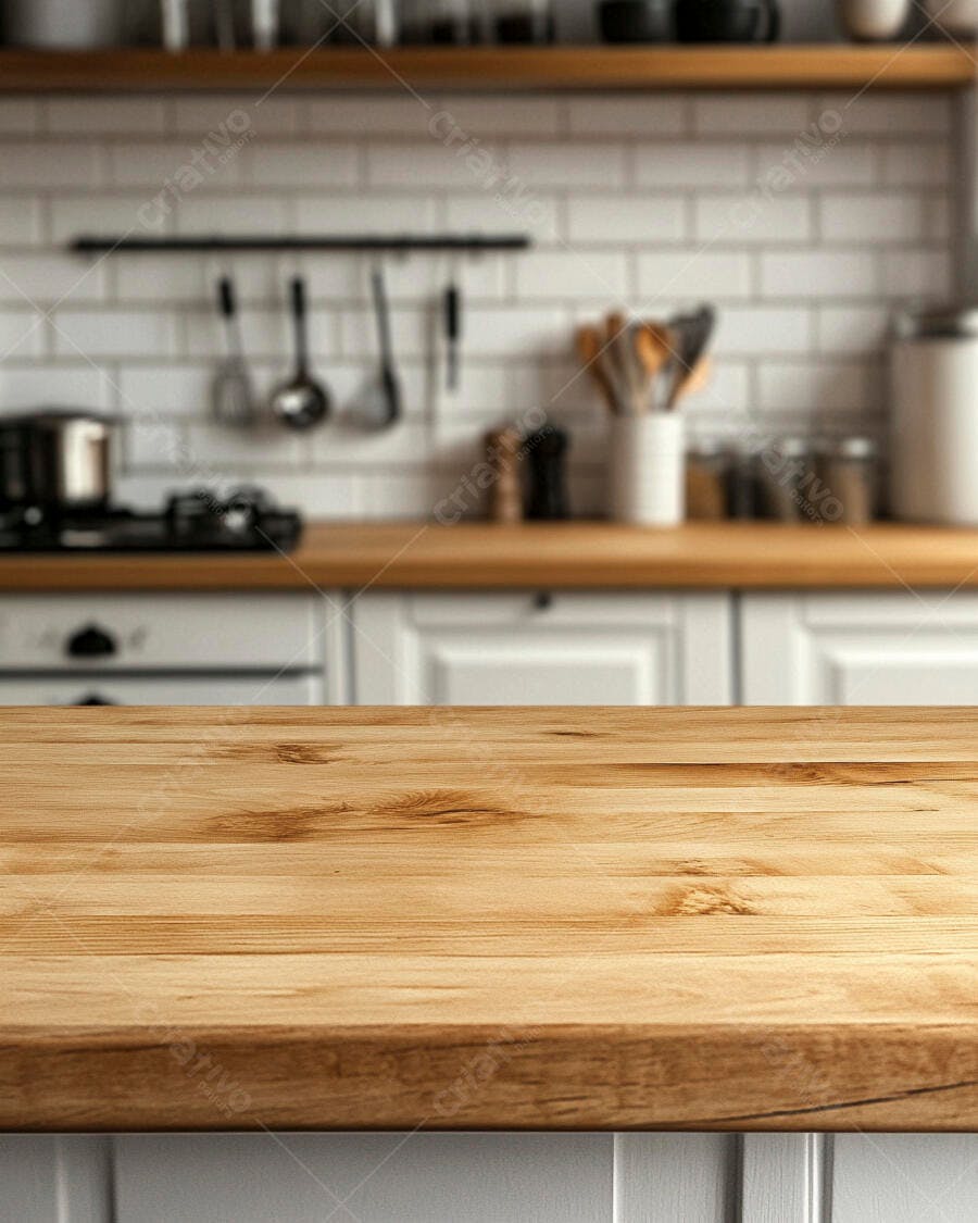 Mesa de madeira em cozinha moderna