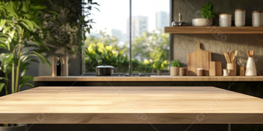 Mesa de madeira em cozinha moderna