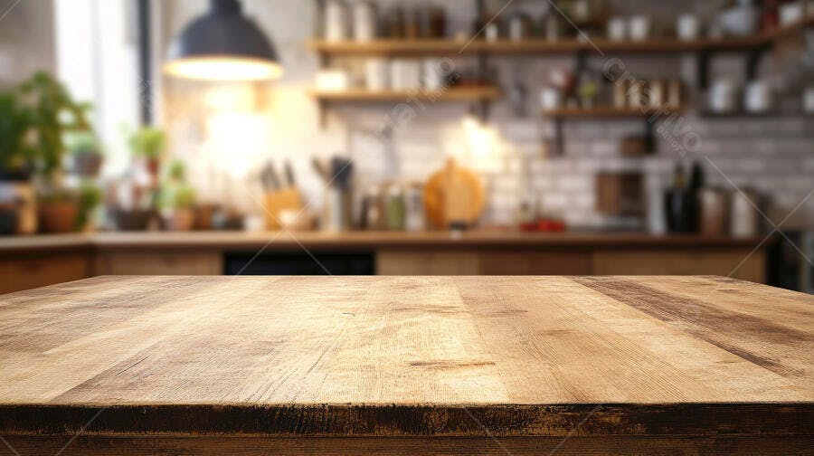Mesa de madeira em cozinha rústica