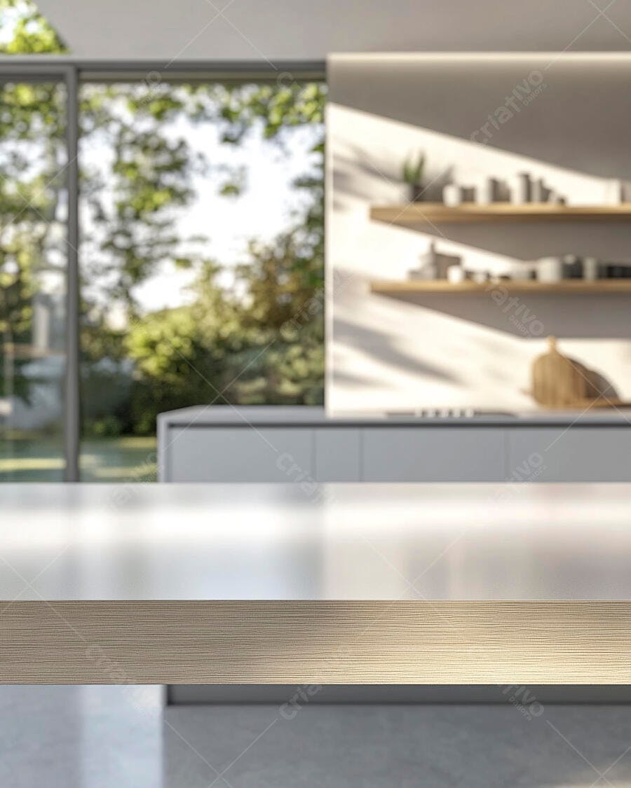 Mesa de cozinha moderna com vista para jardim