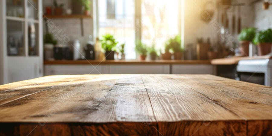 Mesa de madeira rústica em cozinha iluminada