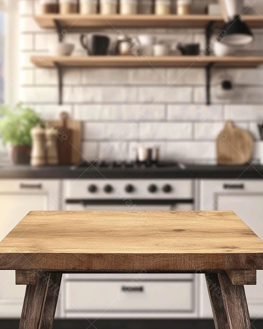 Mesa de madeira em cozinha rústica