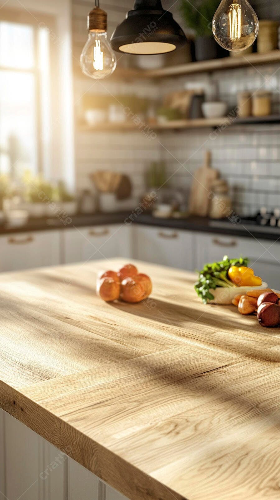 Mesa de madeira cozinha clara frutas e legumes