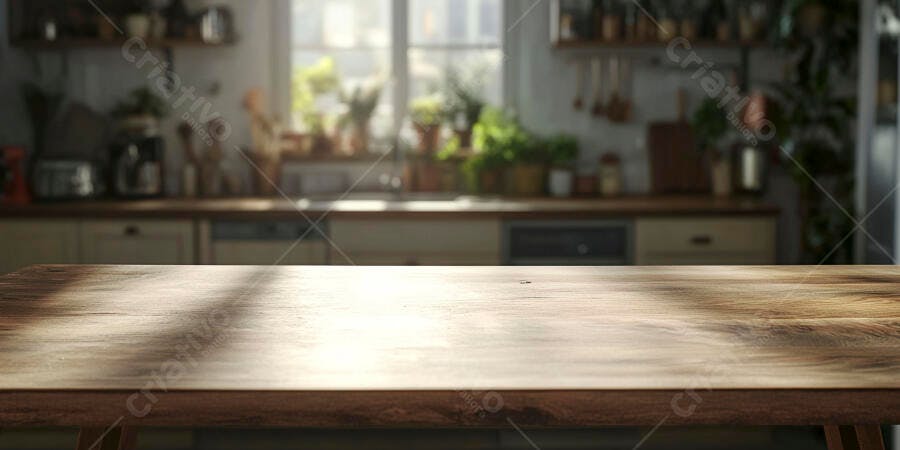 Mesa de madeira em cozinha iluminada