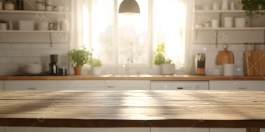 Mesa de madeira em cozinha iluminada