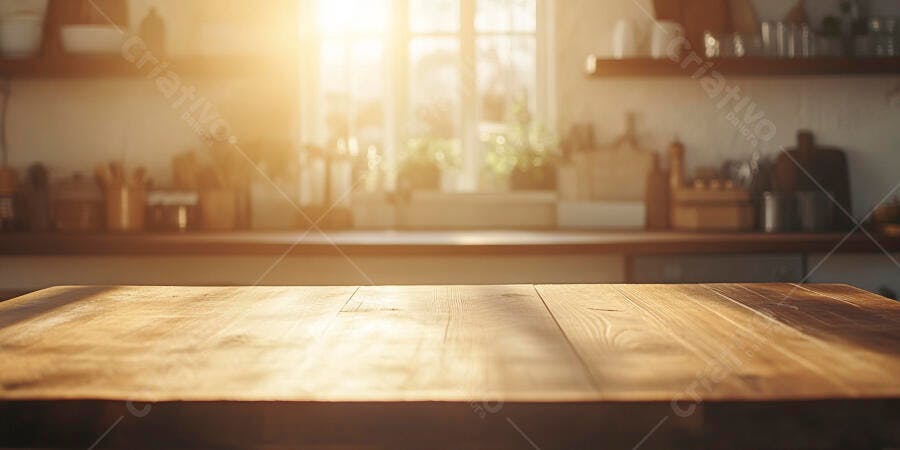 Mesa de madeira em cozinha iluminada
