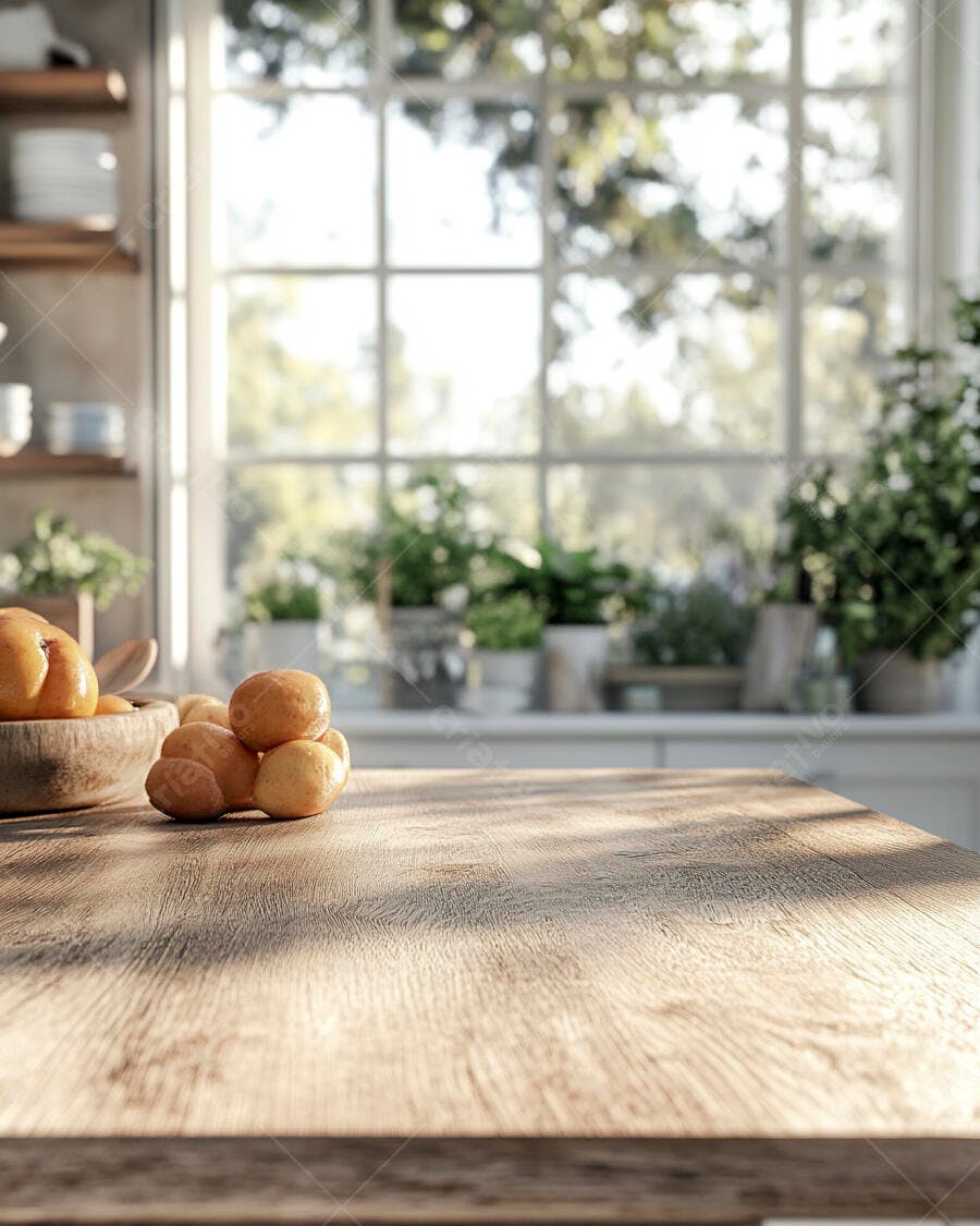 Mesa de madeira com frutas cítricas em cozinha iluminada