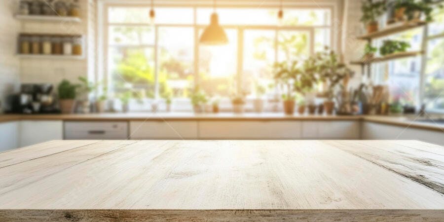 Mesa de madeira em cozinha iluminada