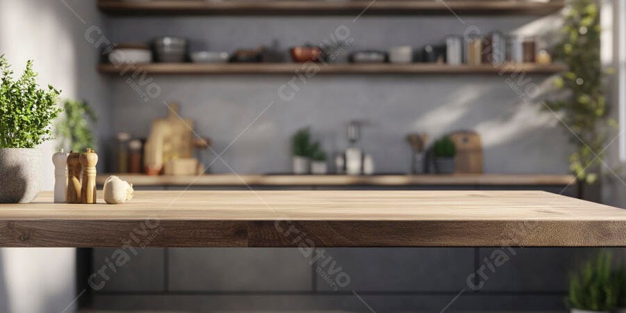 Mesa de madeira em cozinha moderna