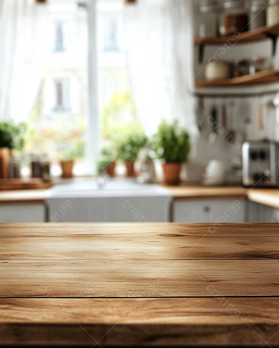 Mesa de madeira em cozinha clara e iluminada