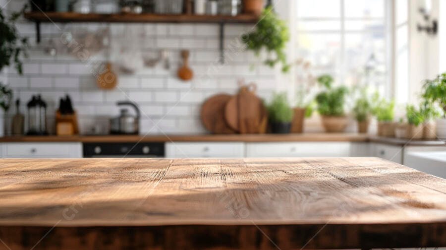 Mesa de madeira rústica em cozinha moderna