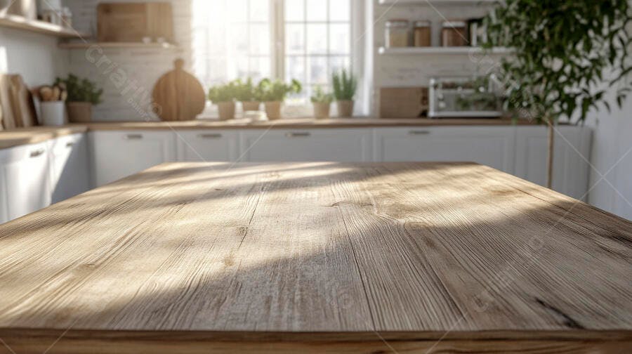 Mesa de madeira em cozinha iluminada