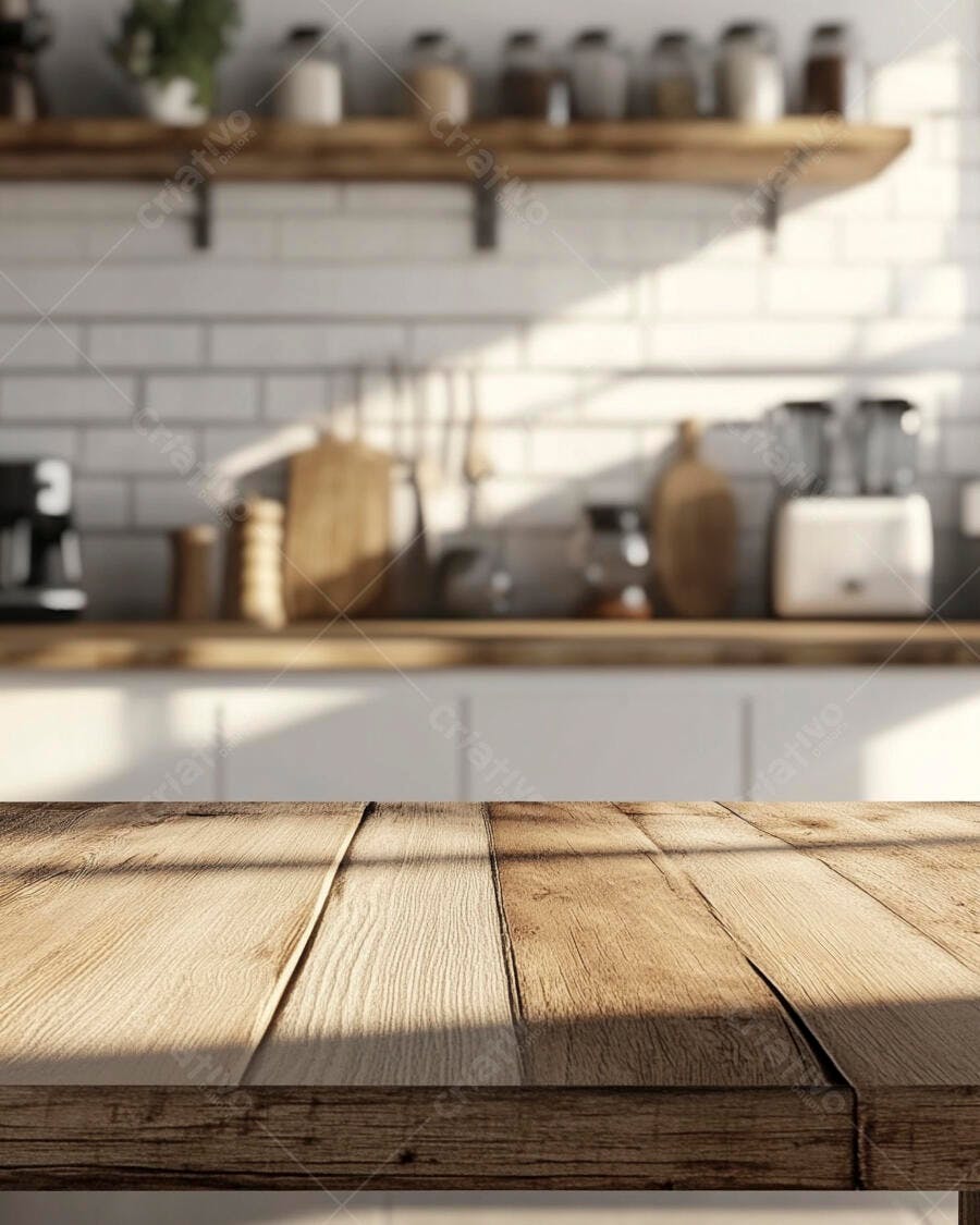 Mesa de madeira em cozinha rústica iluminada pelo sol