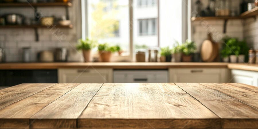 Mesa de madeira em cozinha rústica