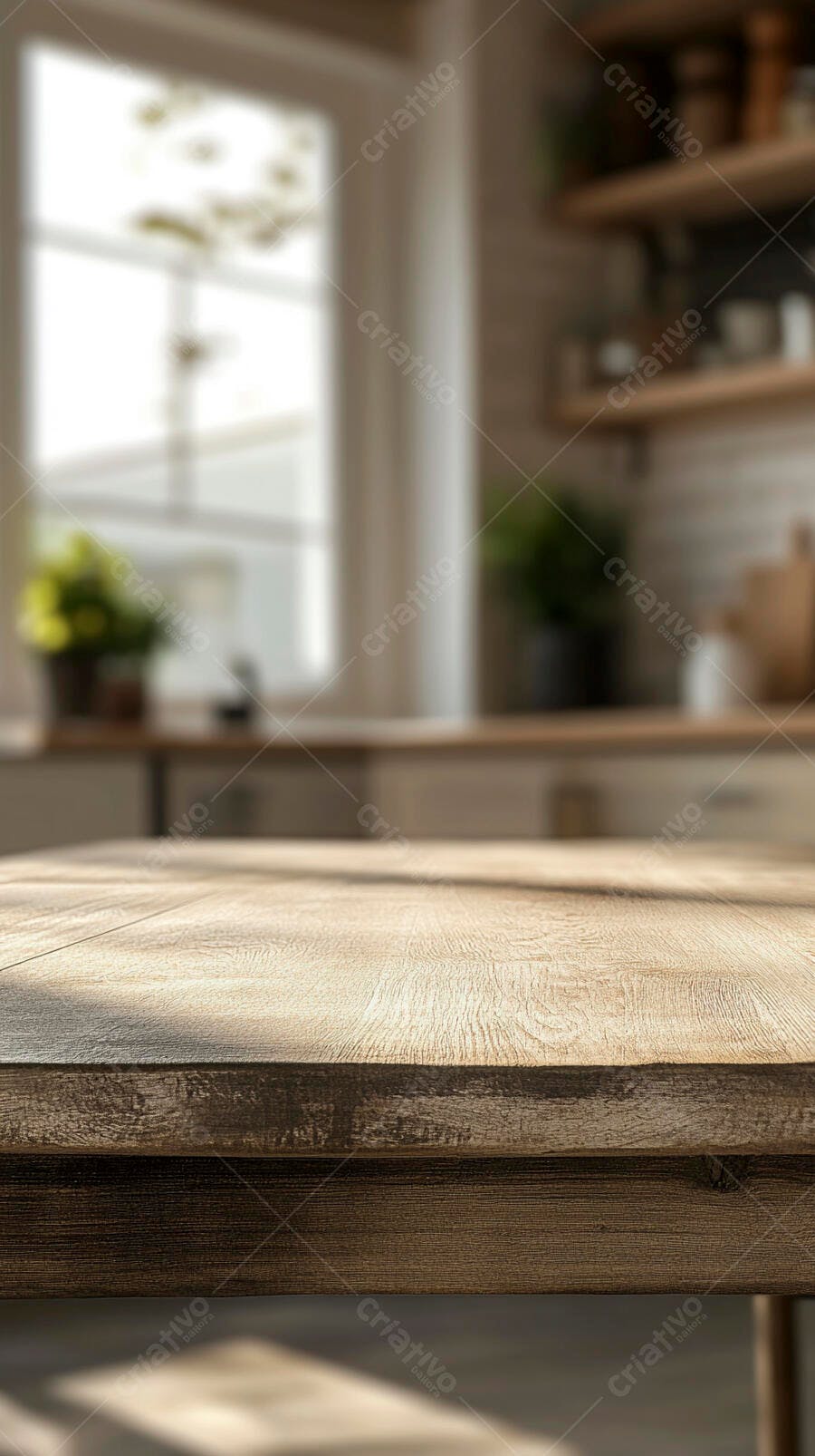 Mesa de madeira em cozinha iluminada