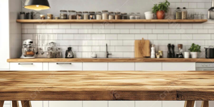 Mesa de madeira em cozinha estilo farmhouse