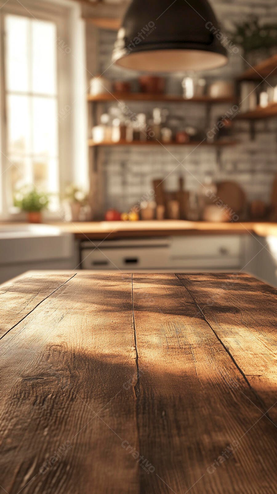 Mesa de madeira rústica em cozinha iluminada