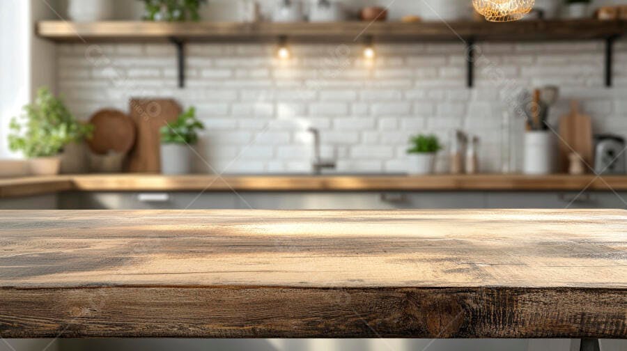 Mesa de madeira em cozinha rústica