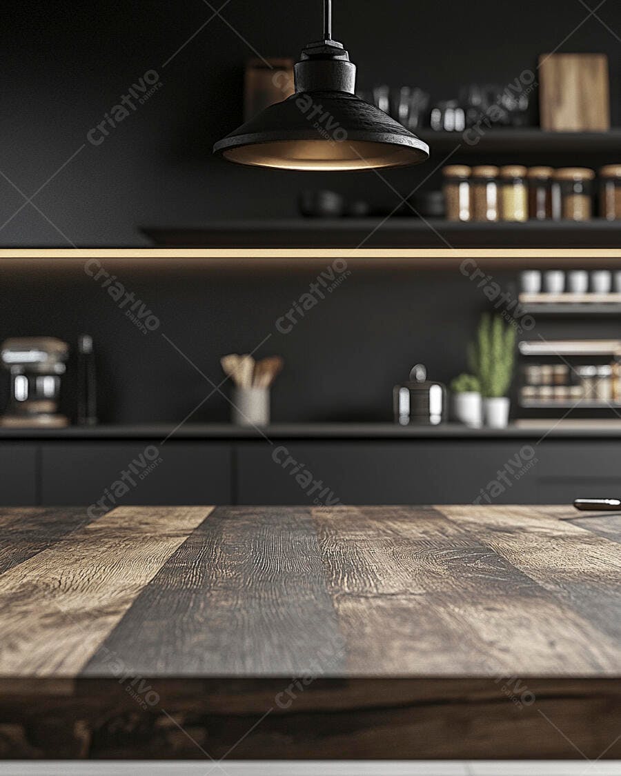 Mesa de madeira escura em cozinha moderna