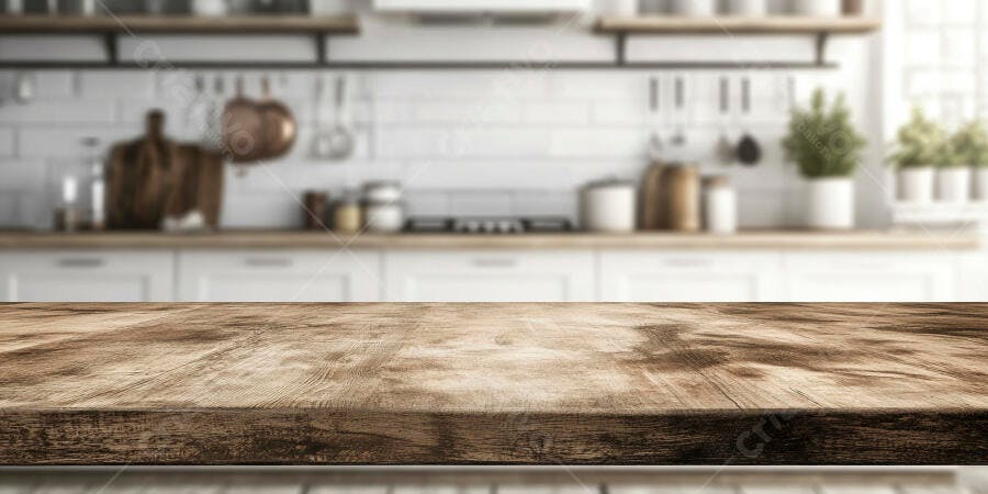 Mesa de madeira em cozinha moderna