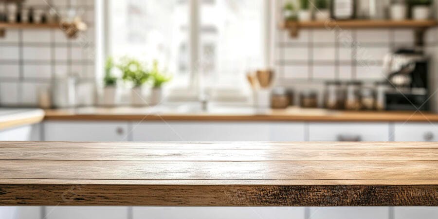 Mesa de madeira em cozinha moderna