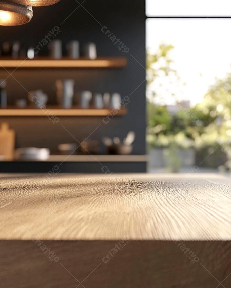 Mesa de madeira em cozinha moderna